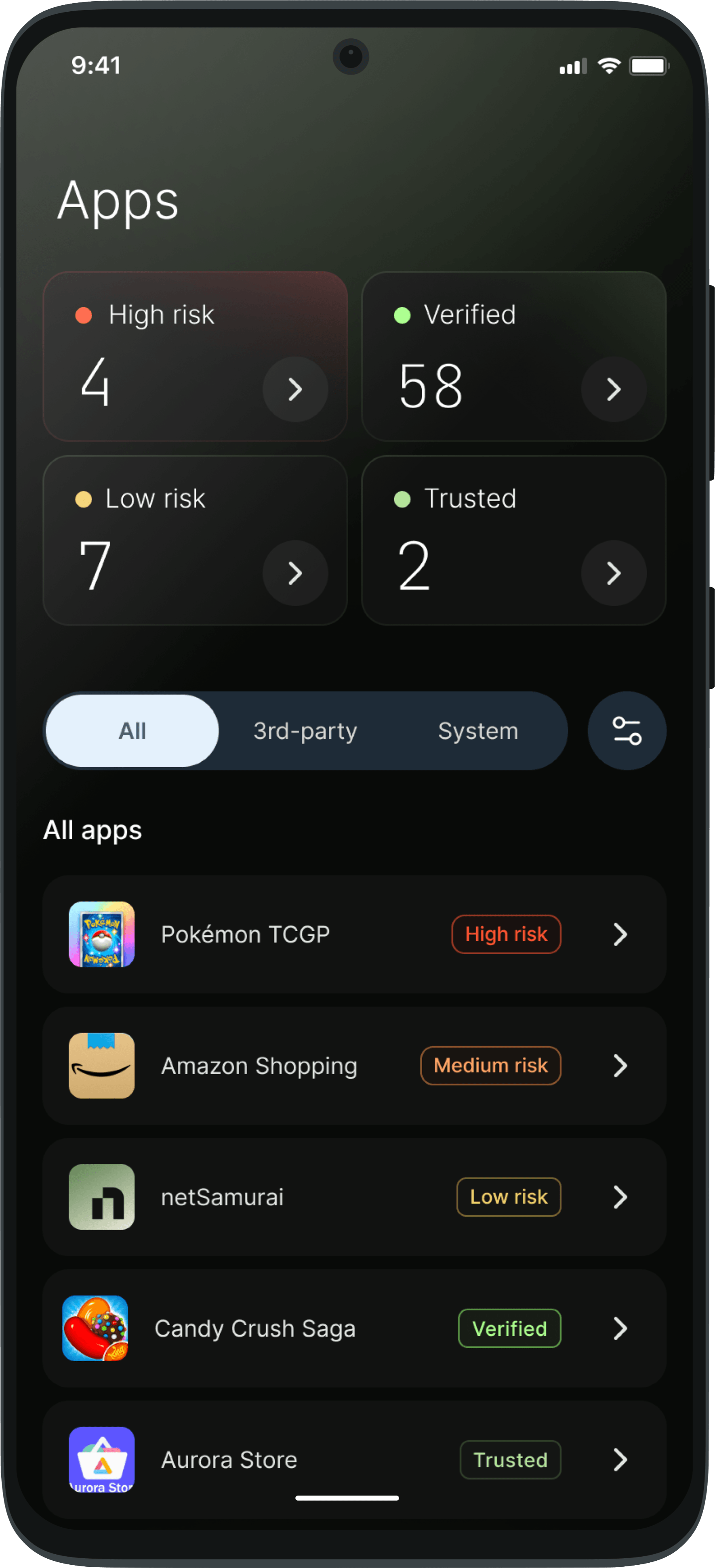 Ikusa One per-app network protection screen