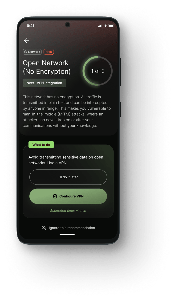 Ikusa One recommendation detail for an open, unencrypted network