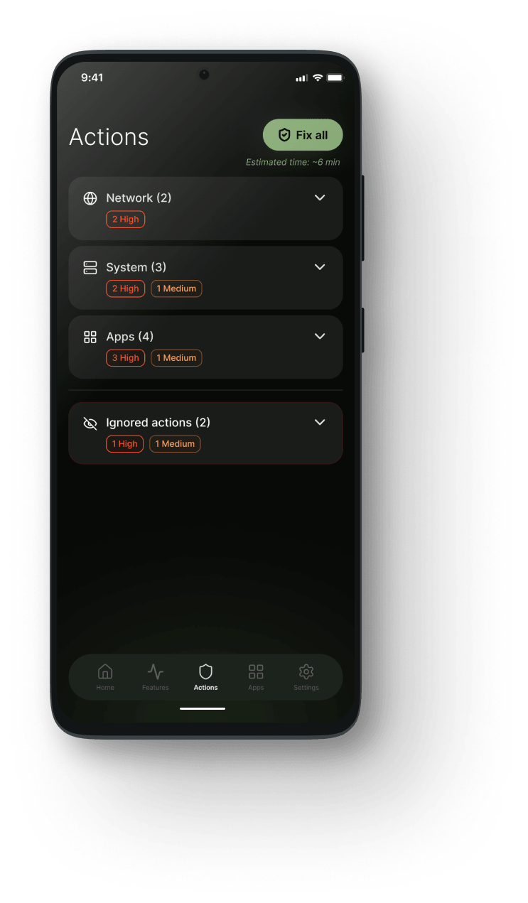 Ikusa One actions list grouped by network, system and apps