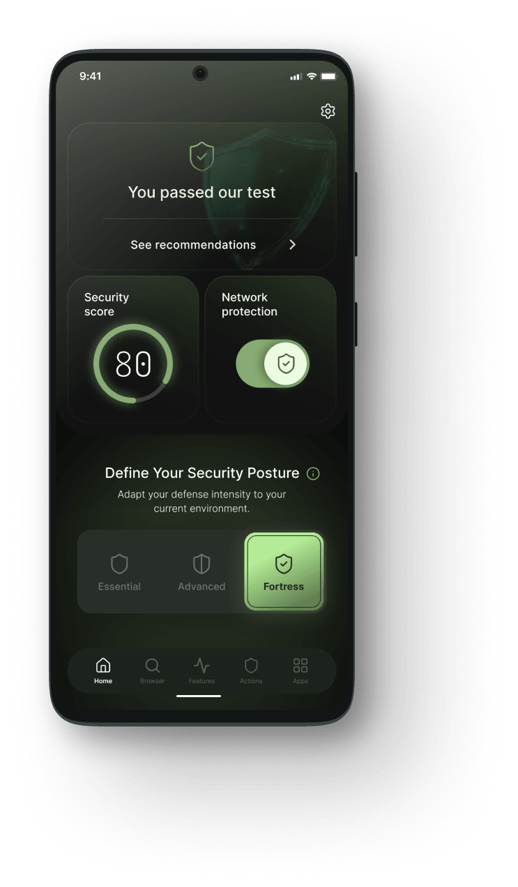 Ikusa One home screen with security score and network protection